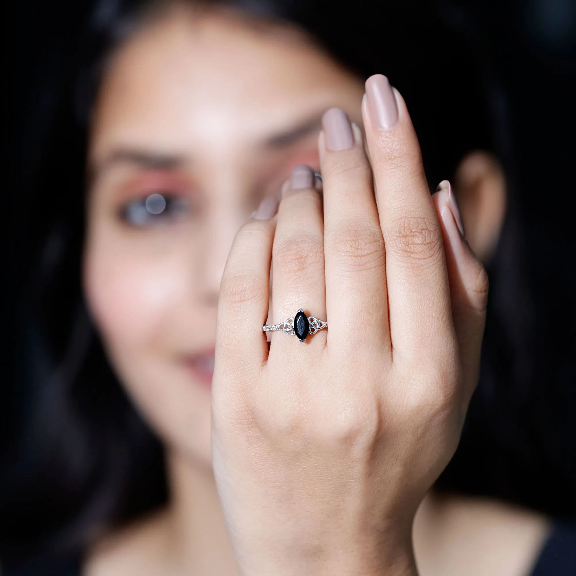 1 CT Marquise Cut Solitaire Black Onyx Celtic Knot Ring with Diamond