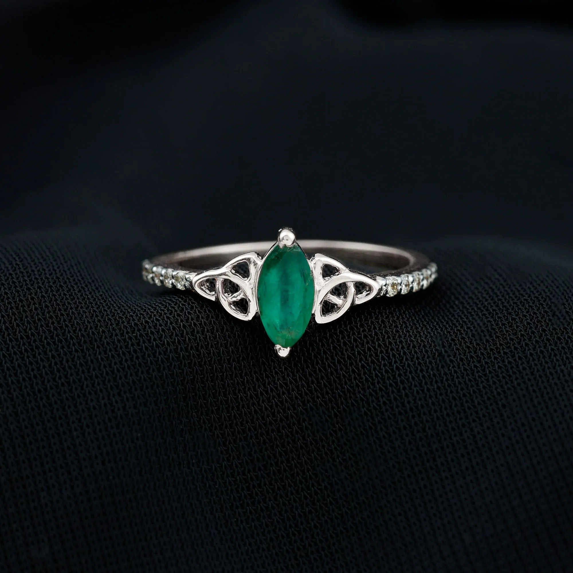 1 CT Marquise Shape Emerald Solitaire Ring with Celtic Knots and Diamond Accent