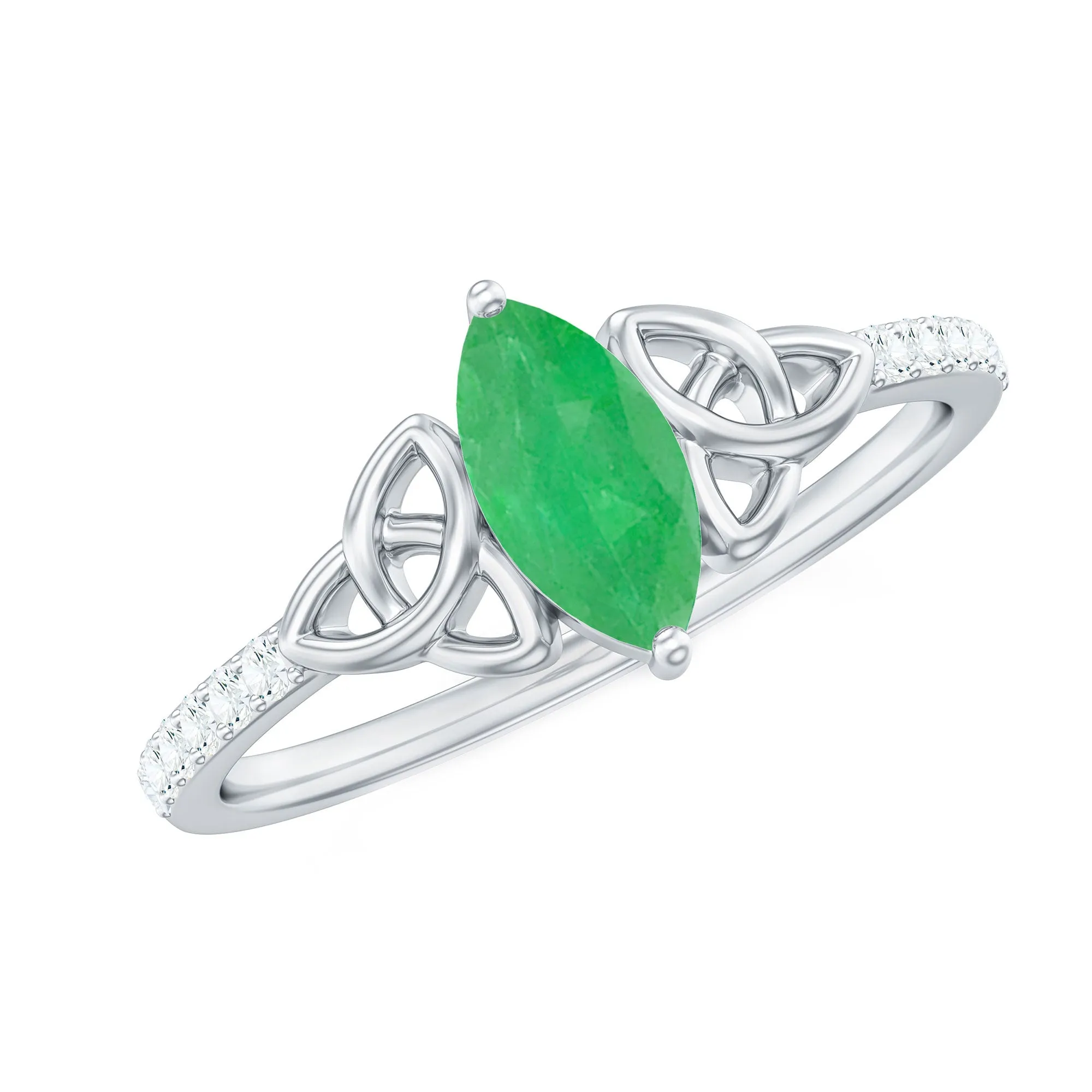 1 CT Marquise Shape Emerald Solitaire Ring with Celtic Knots and Diamond Accent