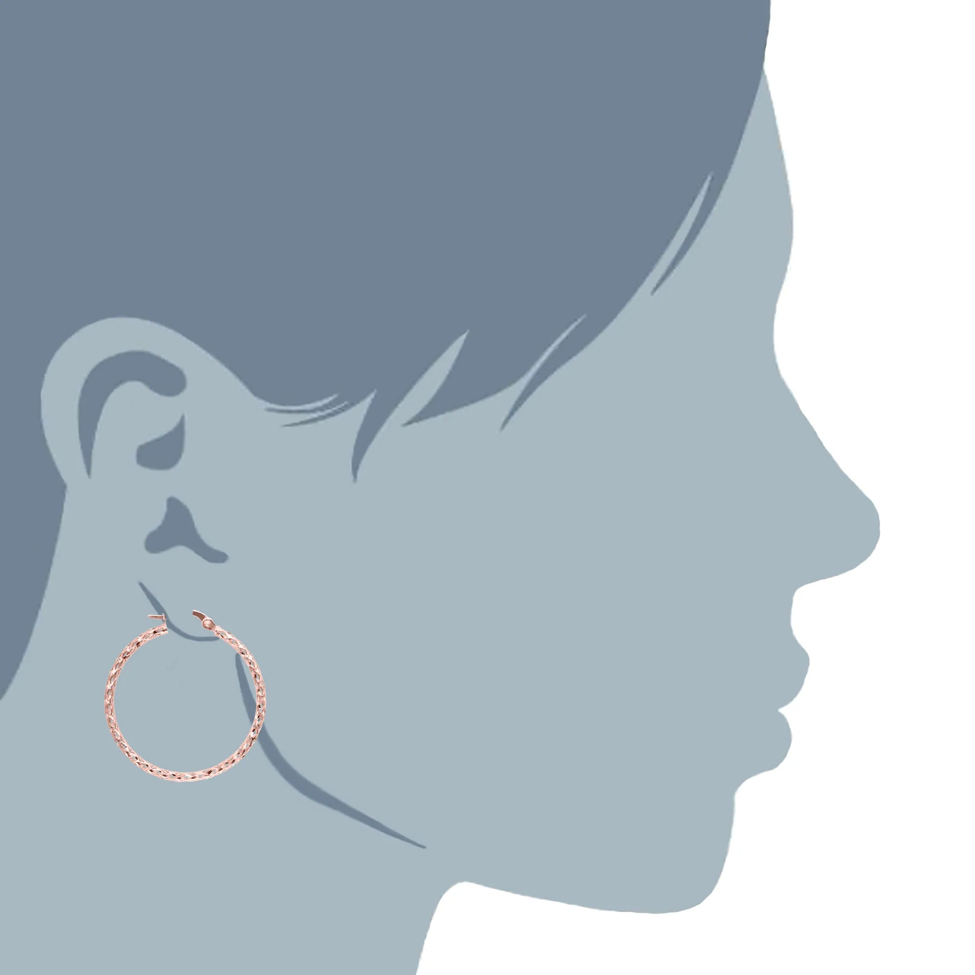 10k Rose Gold Shiny Mesh Round Hoop Earrings, Diameter 30mm