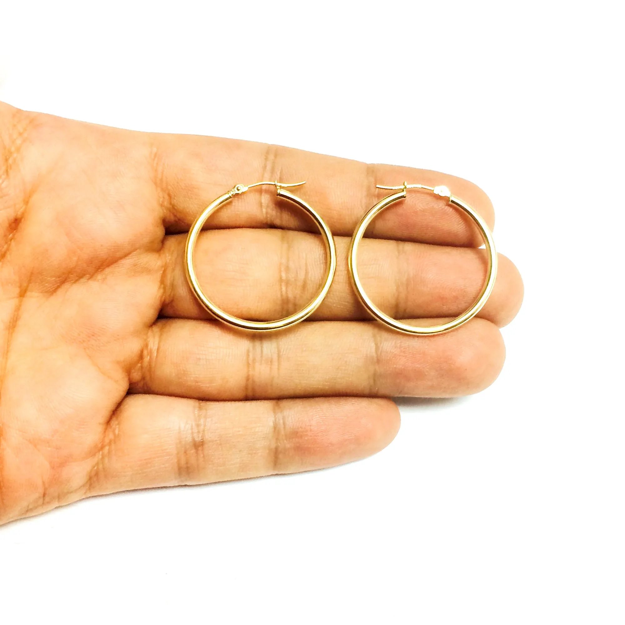 10k Yellow Gold 2mm Shiny Round Tube Hoop Earrings