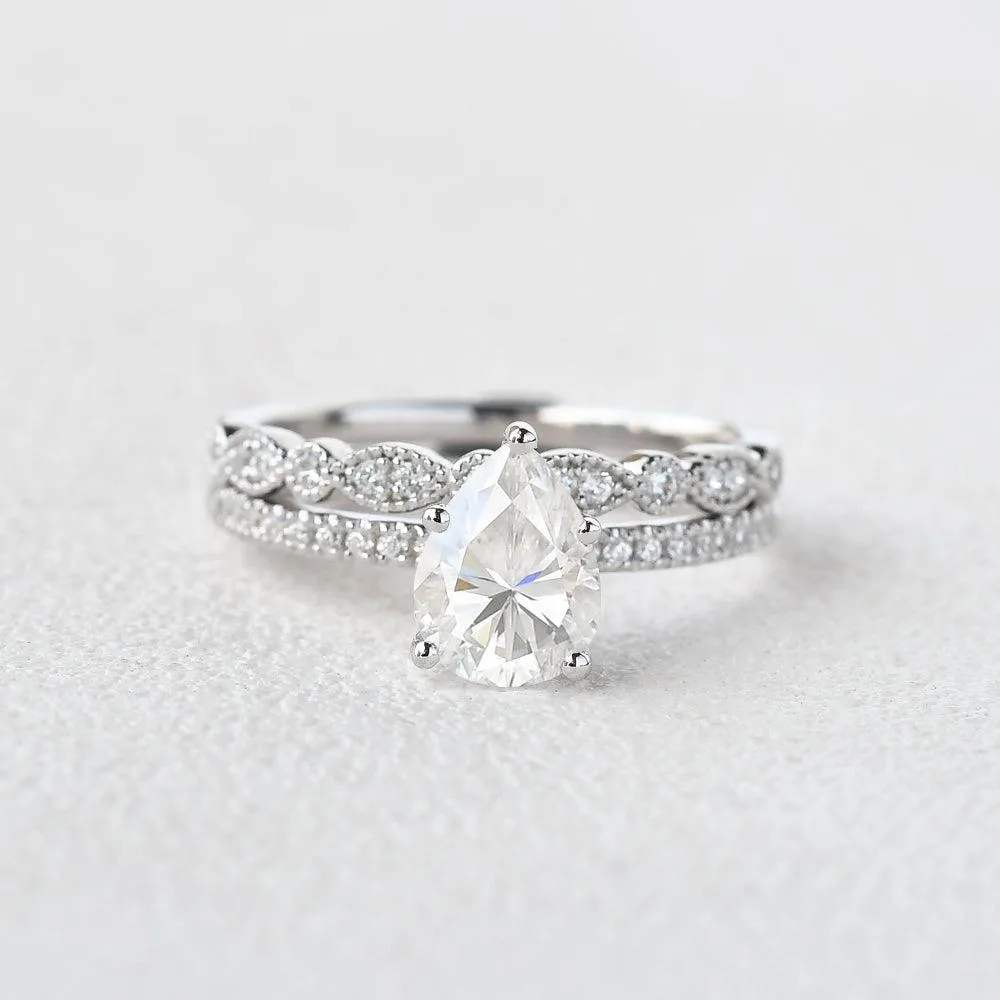 1.3ct Pear Moissanite Pave Vintage Solitaire Ring Set 2pcs