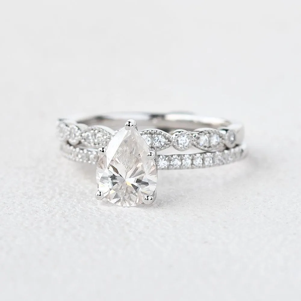 1.3ct Pear Moissanite Pave Vintage Solitaire Ring Set 2pcs