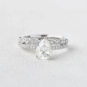 1.3ct Pear Moissanite Pave Vintage Solitaire Ring Set 2pcs