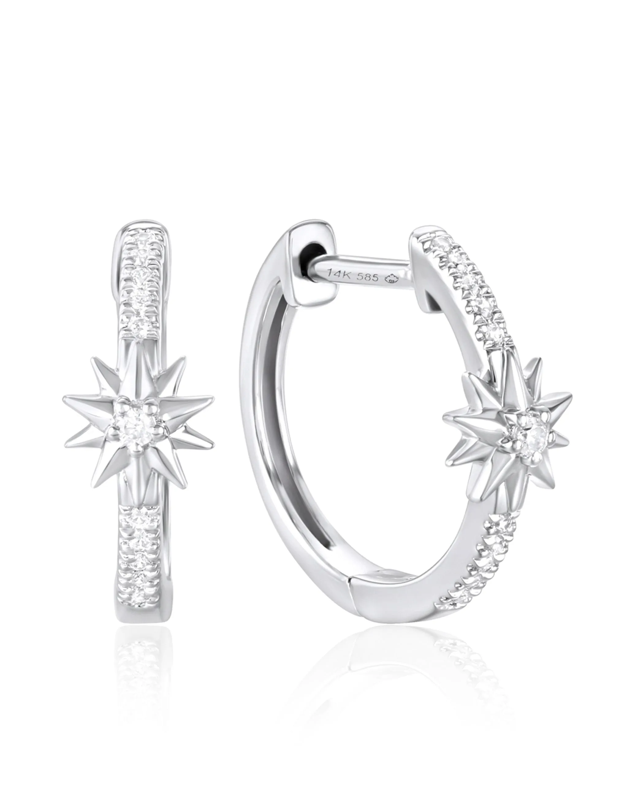 14K White Gold Small Diamond Hoop Earrings with Star