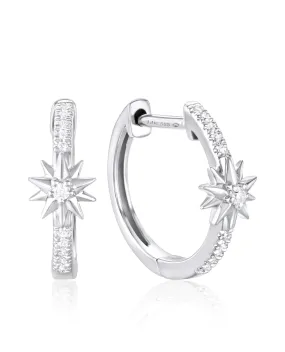 14K White Gold Small Diamond Hoop Earrings with Star