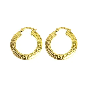 14K Yellow Gold Small Greek Key Textured Hoop Earrings, Diameter 22mm