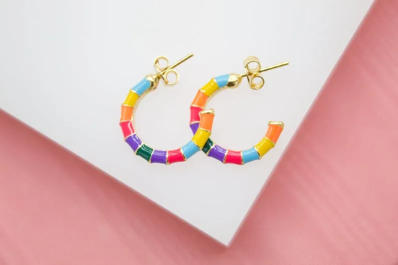 18K Gold Filled Colorful Enamel Open Hoop Stud Earrings (L55)