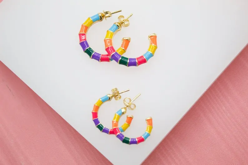 18K Gold Filled Colorful Enamel Open Hoop Stud Earrings (L55)