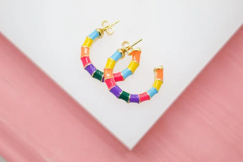 18K Gold Filled Colorful Enamel Open Hoop Stud Earrings (L55)