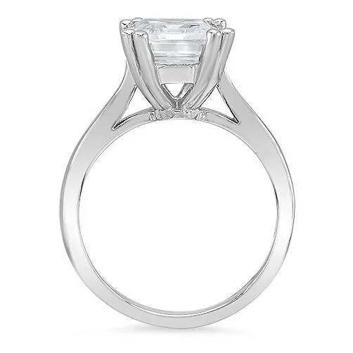 4 Carat Emerald Cut Cubic Zirconia Double Wire Solitaire Ring 14k White Gold