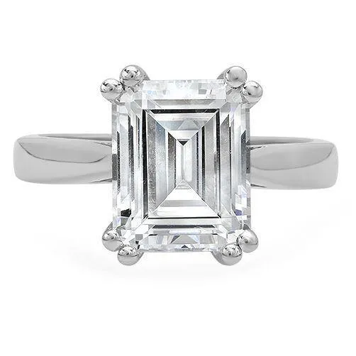 4 Carat Emerald Cut Cubic Zirconia Double Wire Solitaire Ring 14k White Gold