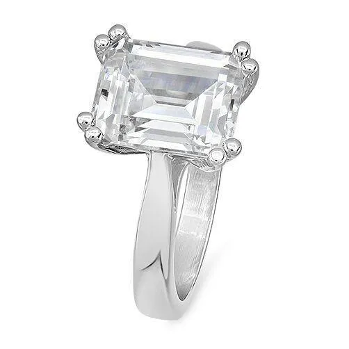 4 Carat Emerald Cut Cubic Zirconia Double Wire Solitaire Ring 14k White Gold