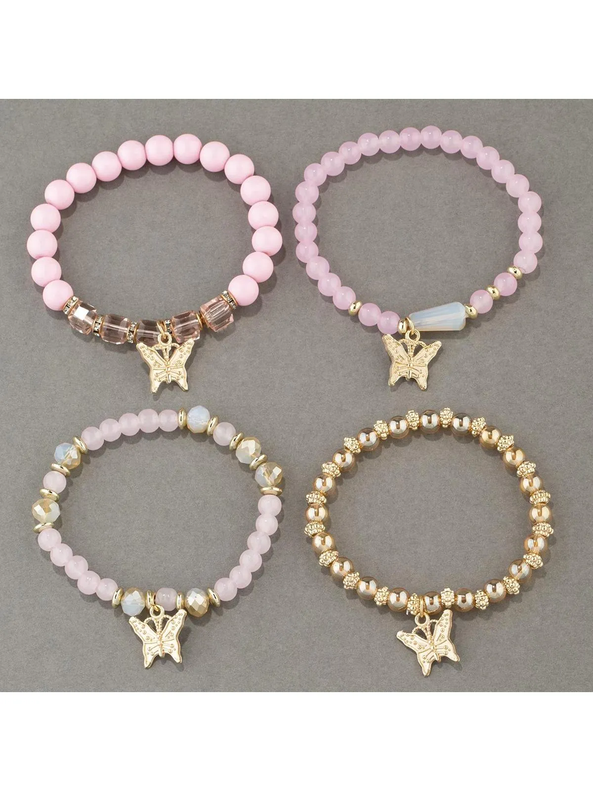 4pcs Butterfly Charm Pink Beaded Bracelet Creative Jewelry for Women Crafted