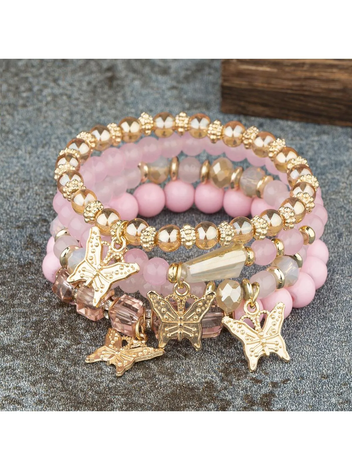 4pcs Butterfly Charm Pink Beaded Bracelet Creative Jewelry for Women Crafted