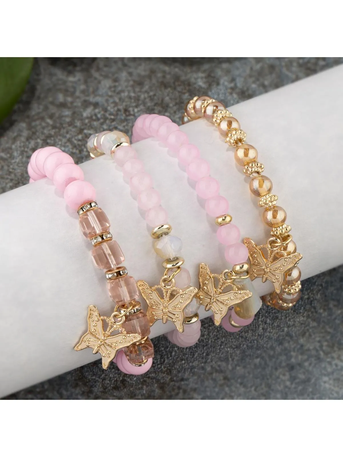 4pcs Butterfly Charm Pink Beaded Bracelet Creative Jewelry for Women Crafted