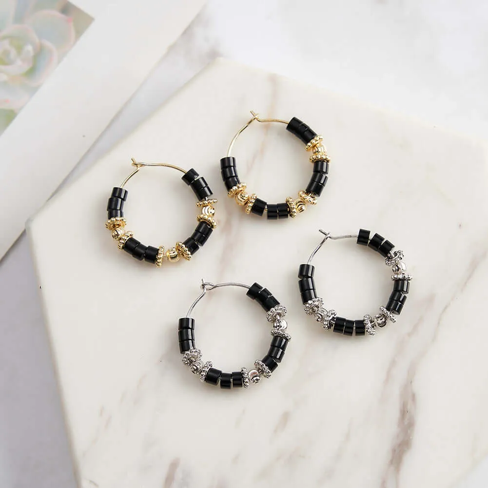 925 Silver Obsidian Beaded Huggie Earrings