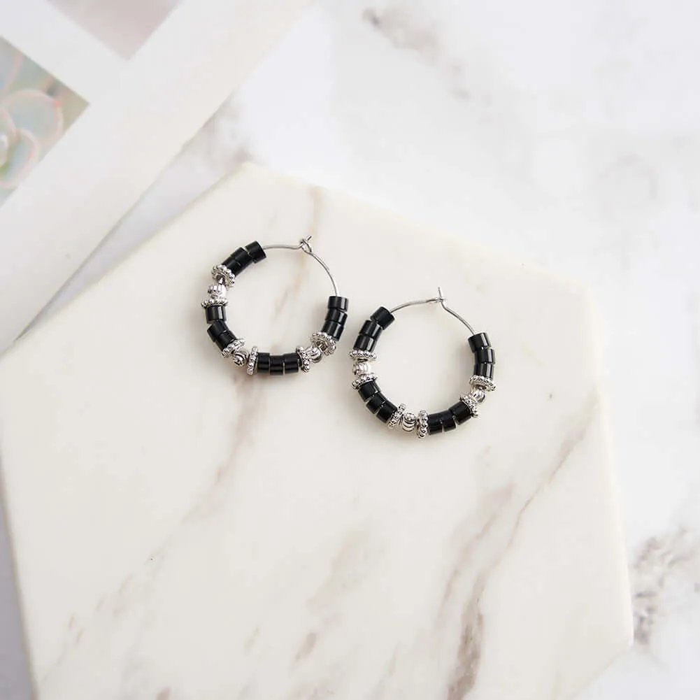 925 Silver Obsidian Beaded Huggie Earrings