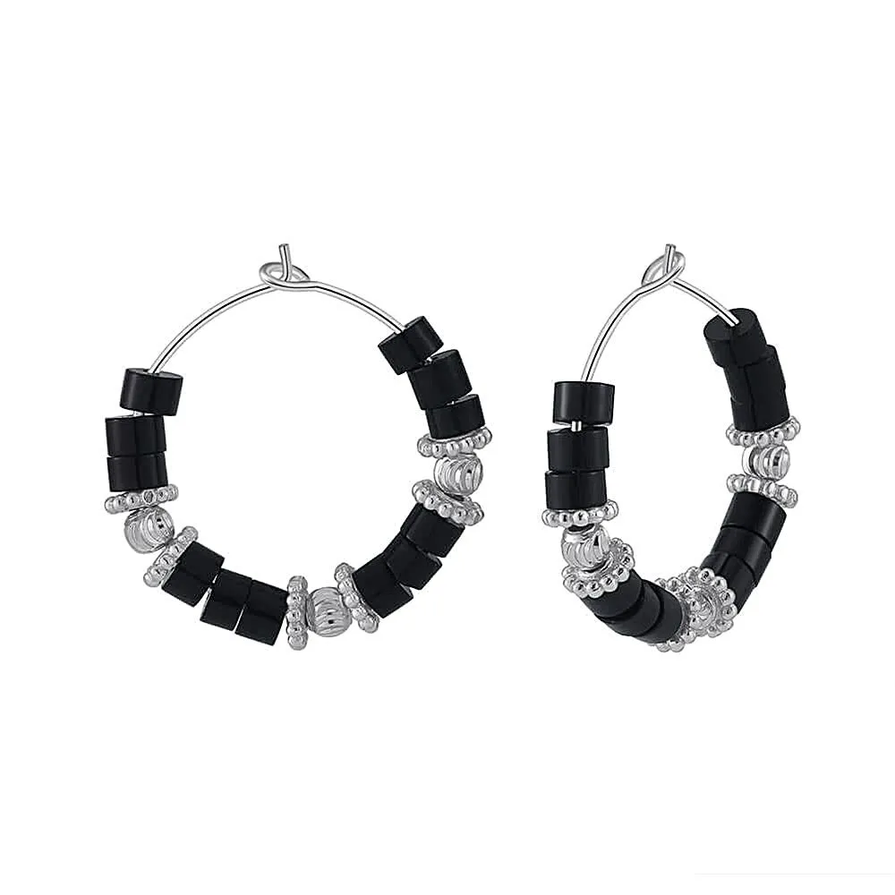 925 Silver Obsidian Beaded Huggie Earrings