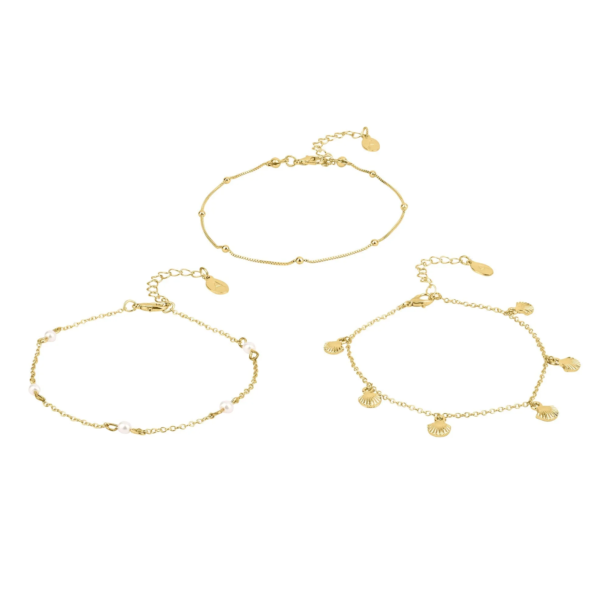 Accessorize London Women's Gold  Shell And Pearl Anklets Pack Of 3