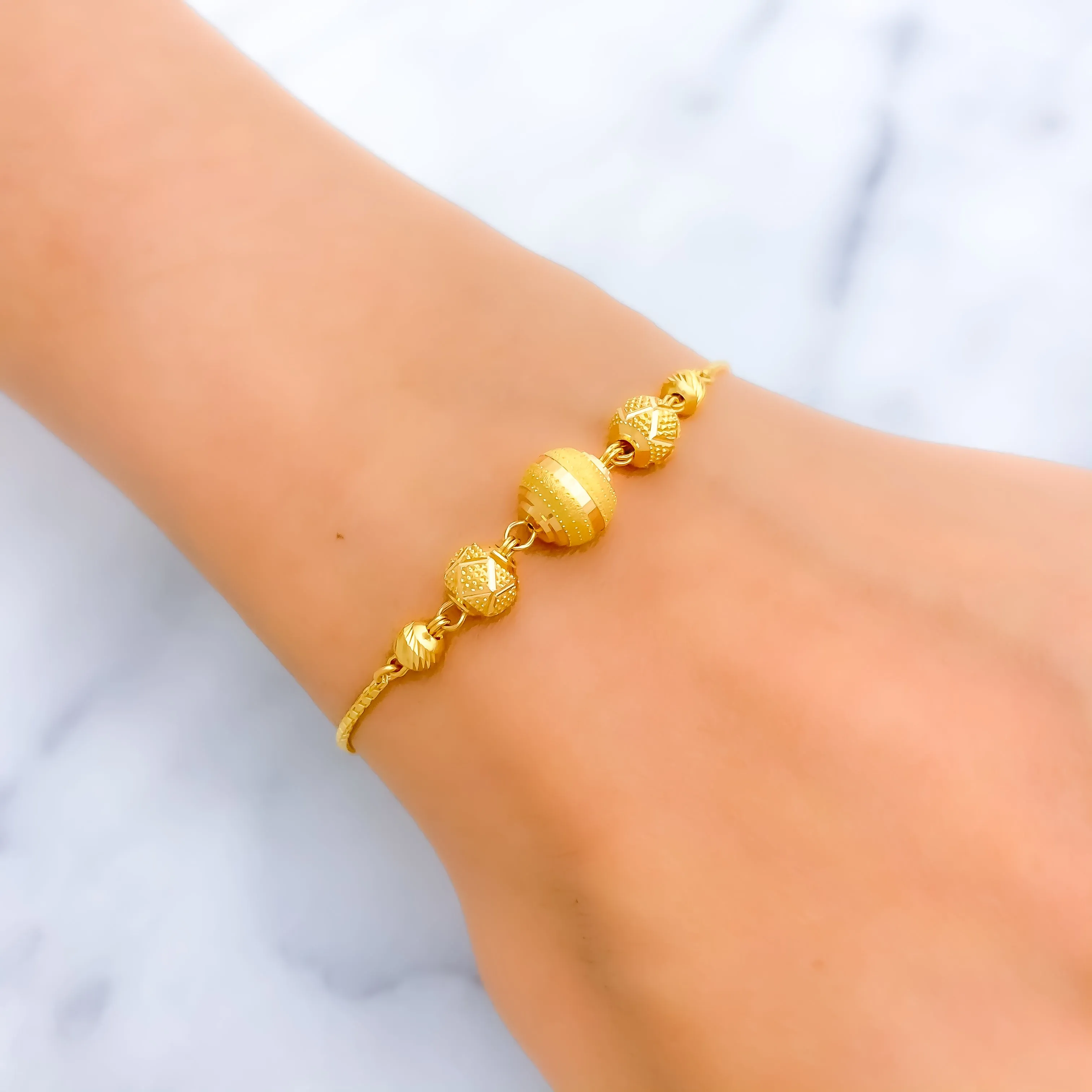 Alternating Striped 22K Gold Orb Adjustable Bracelet