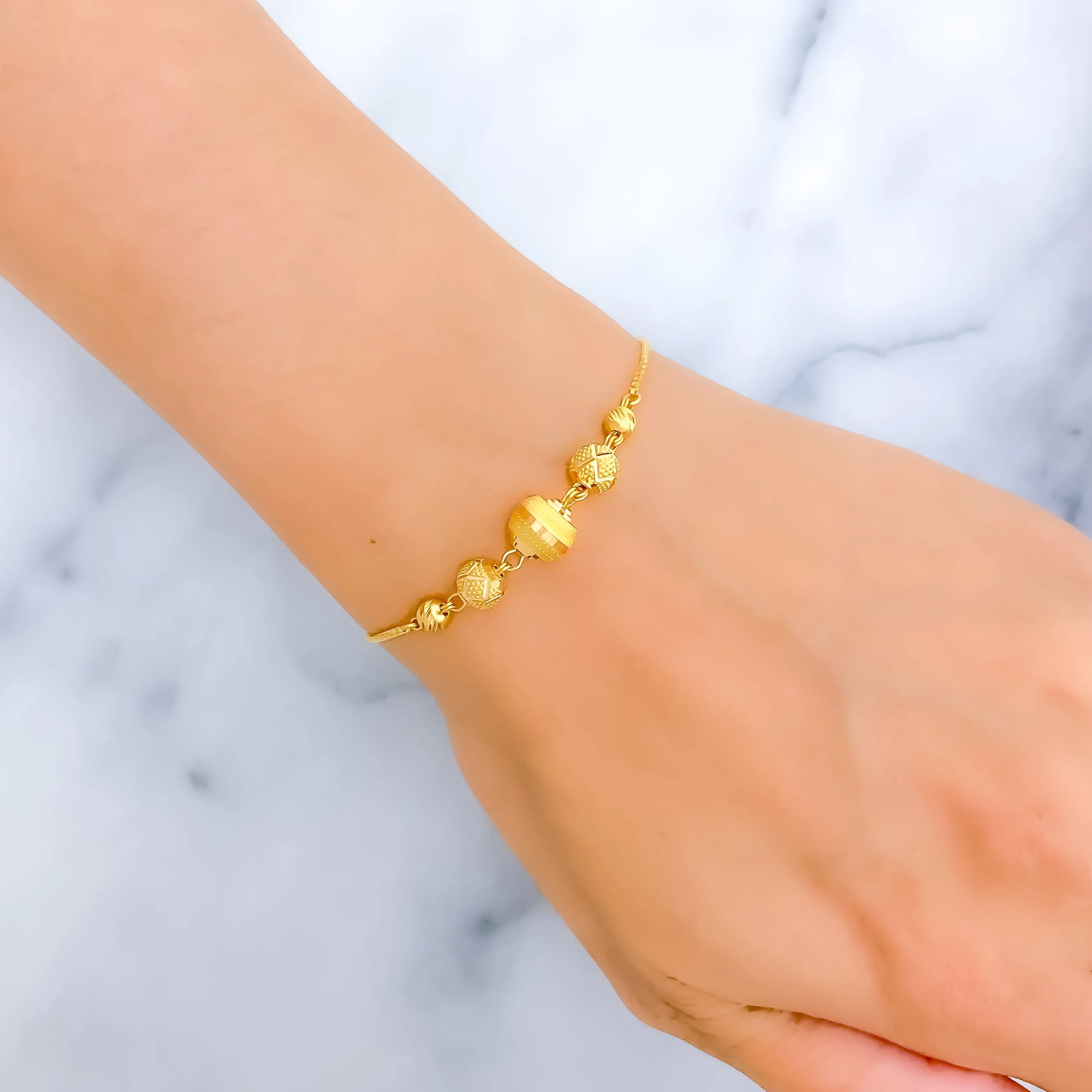 Alternating Striped 22K Gold Orb Adjustable Bracelet