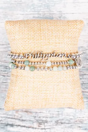 Amazonite Worn Silvertone Phillipians 4:13 Beaded Bracelet Set