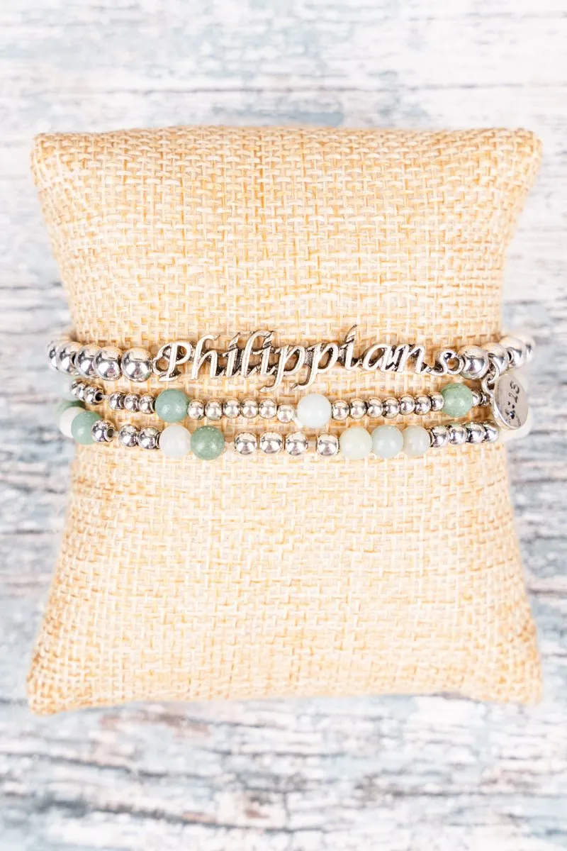 Amazonite Worn Silvertone Phillipians 4:13 Beaded Bracelet Set