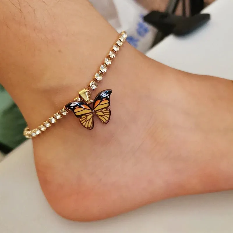 Butterfly Charm Anklet Bracelets with Colorful Rhinestone Tennis Chain