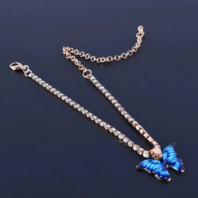 Butterfly Charm Anklet Bracelets with Colorful Rhinestone Tennis Chain