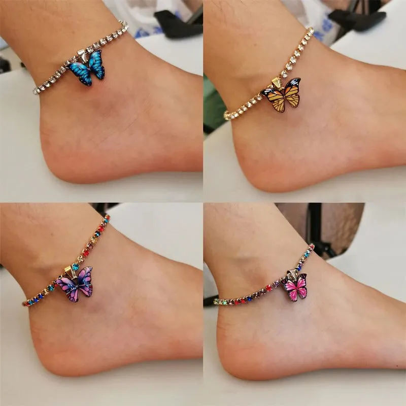 Butterfly Charm Anklet Bracelets with Colorful Rhinestone Tennis Chain