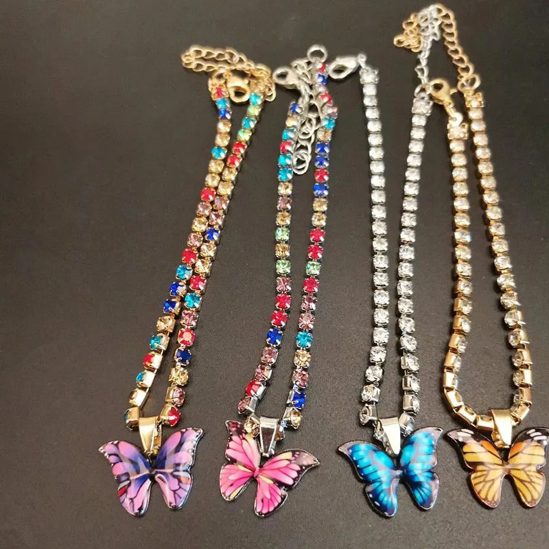 Butterfly Charm Anklet Bracelets with Colorful Rhinestone Tennis Chain