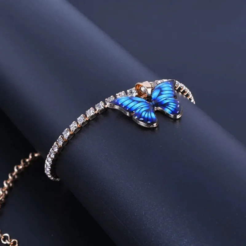 Butterfly Charm Anklet Bracelets with Colorful Rhinestone Tennis Chain