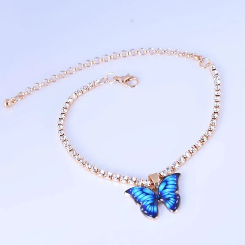 Butterfly Charm Anklet Bracelets with Colorful Rhinestone Tennis Chain