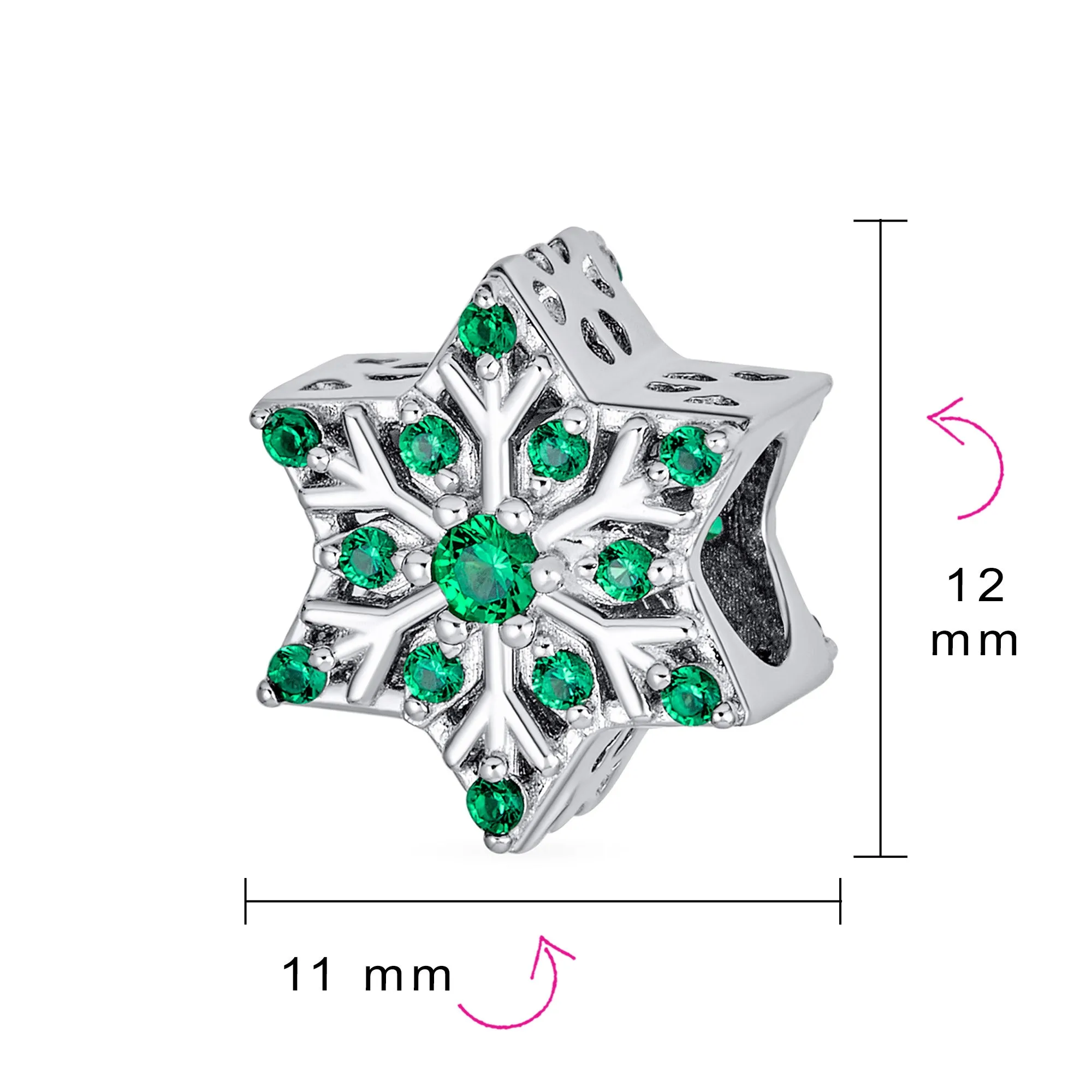 Christmas Charm Bead Green Crystal Snowflake for European Bracelet Sterling Silver