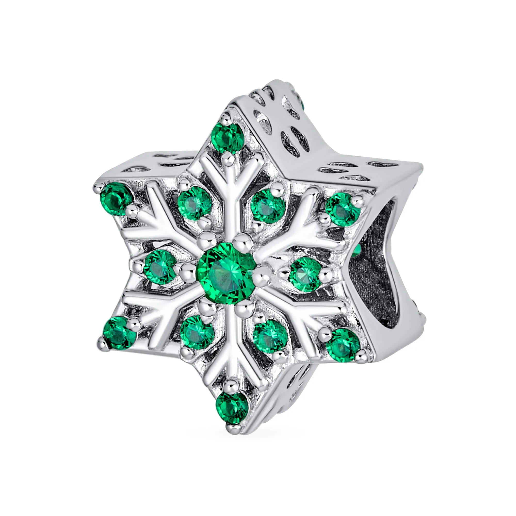 Christmas Charm Bead Green Crystal Snowflake for European Bracelet Sterling Silver