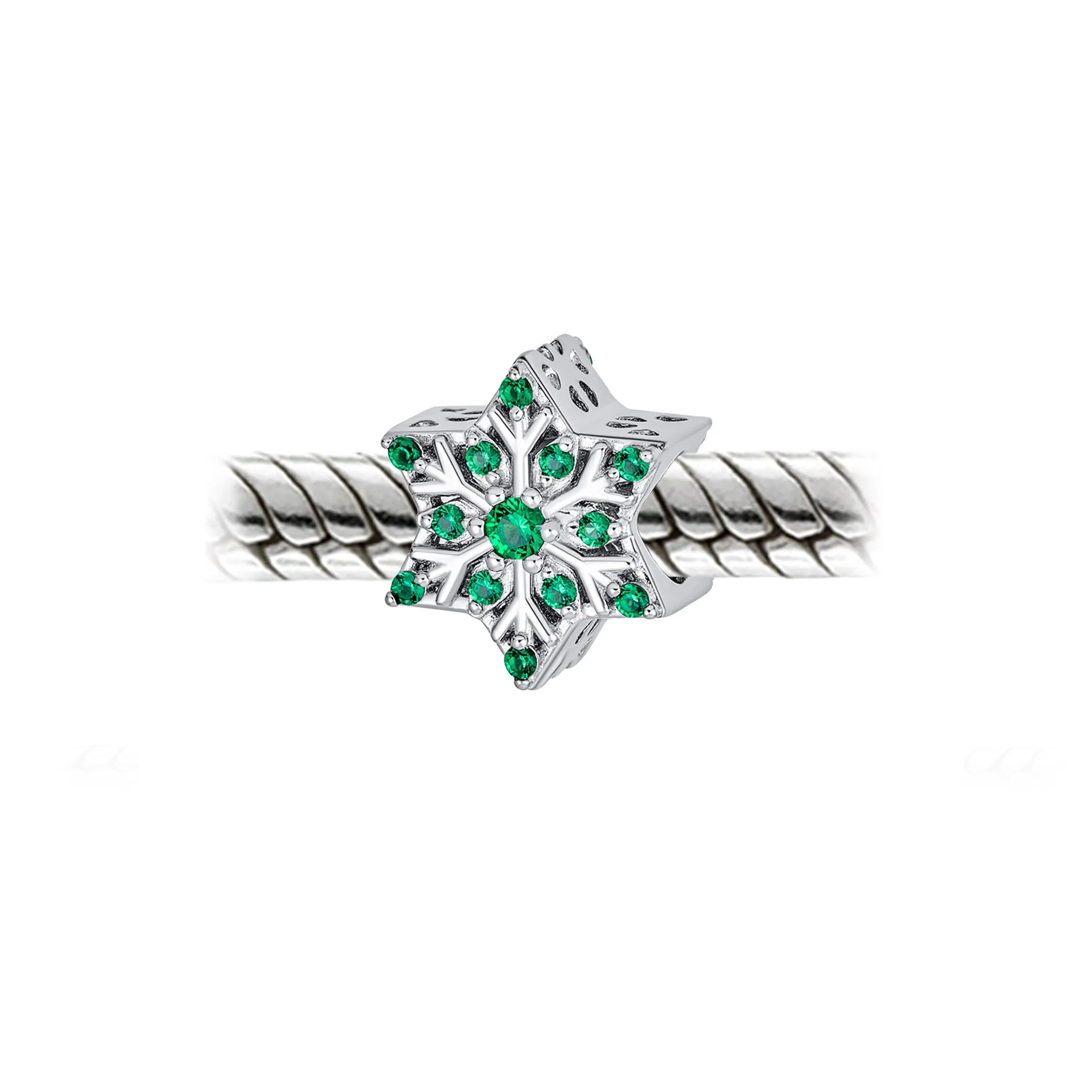 Christmas Charm Bead Green Crystal Snowflake for European Bracelet Sterling Silver