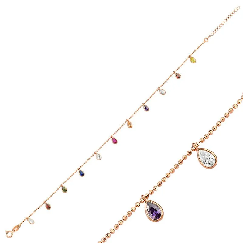 Colorful Crystal Drop Charm Silver Anklet