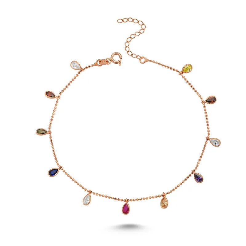 Colorful Crystal Drop Charm Silver Anklet