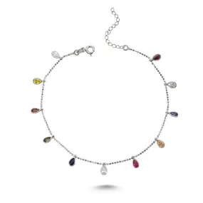 Colorful Crystal Drop Charm Silver Anklet