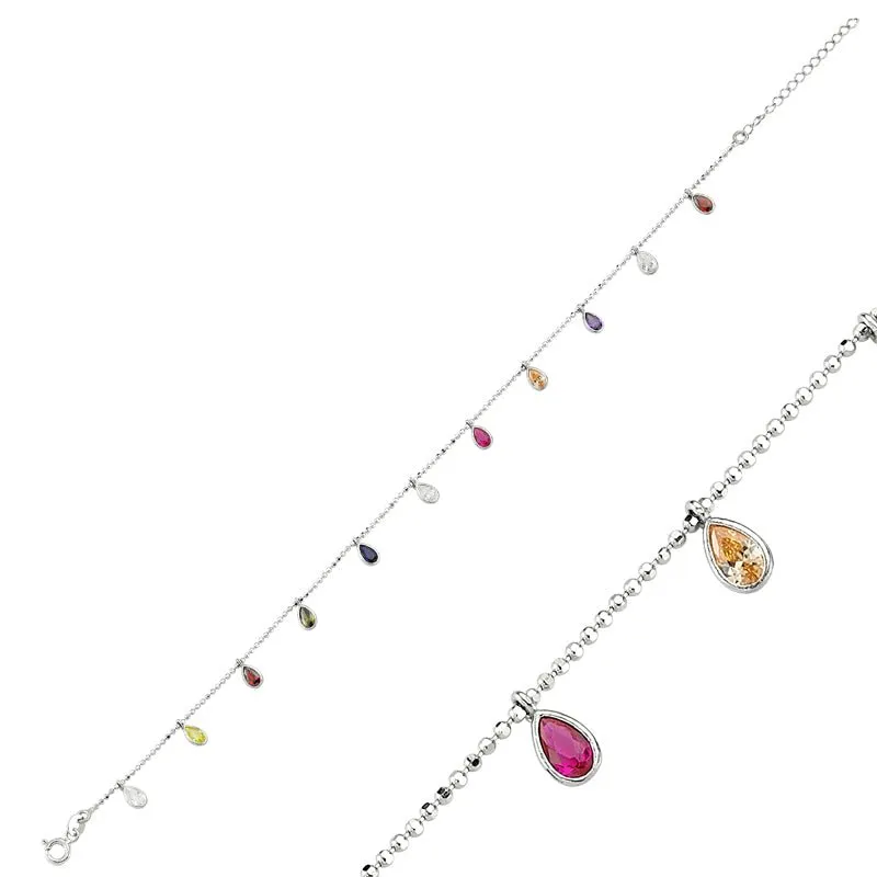 Colorful Crystal Drop Charm Silver Anklet