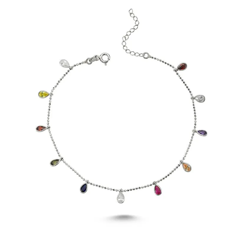 Colorful Crystal Drop Charm Silver Anklet