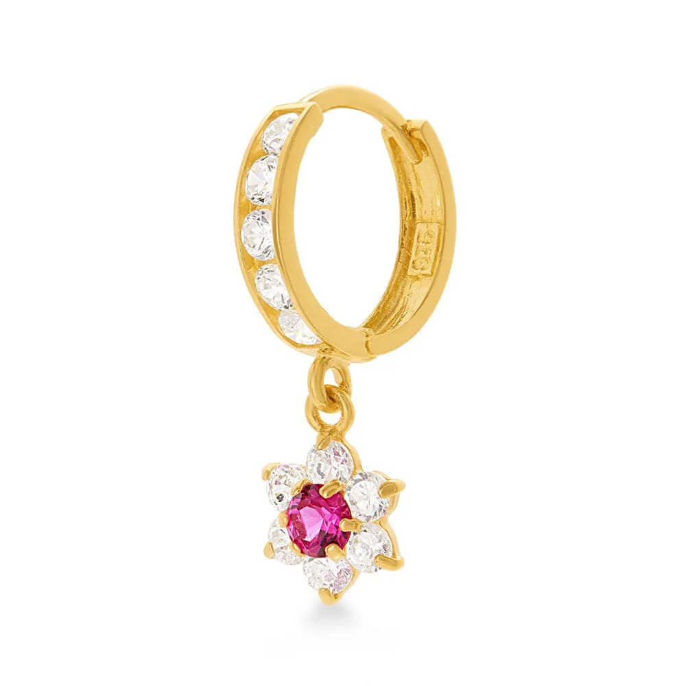 Flower Drop Hoop Earrings with Cubic Zirconia in 9ct Yellow Gold