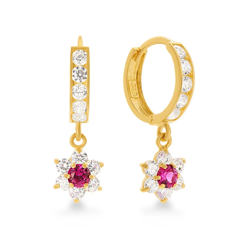 Flower Drop Hoop Earrings with Cubic Zirconia in 9ct Yellow Gold