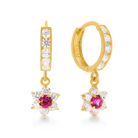 Flower Drop Hoop Earrings with Cubic Zirconia in 9ct Yellow Gold