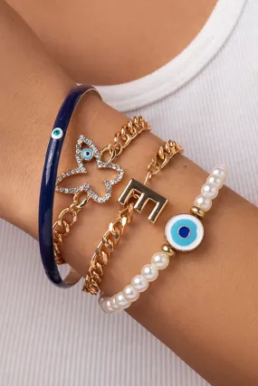 Gold 4pcs Pearl Evil Eye Chain Bracelet Set