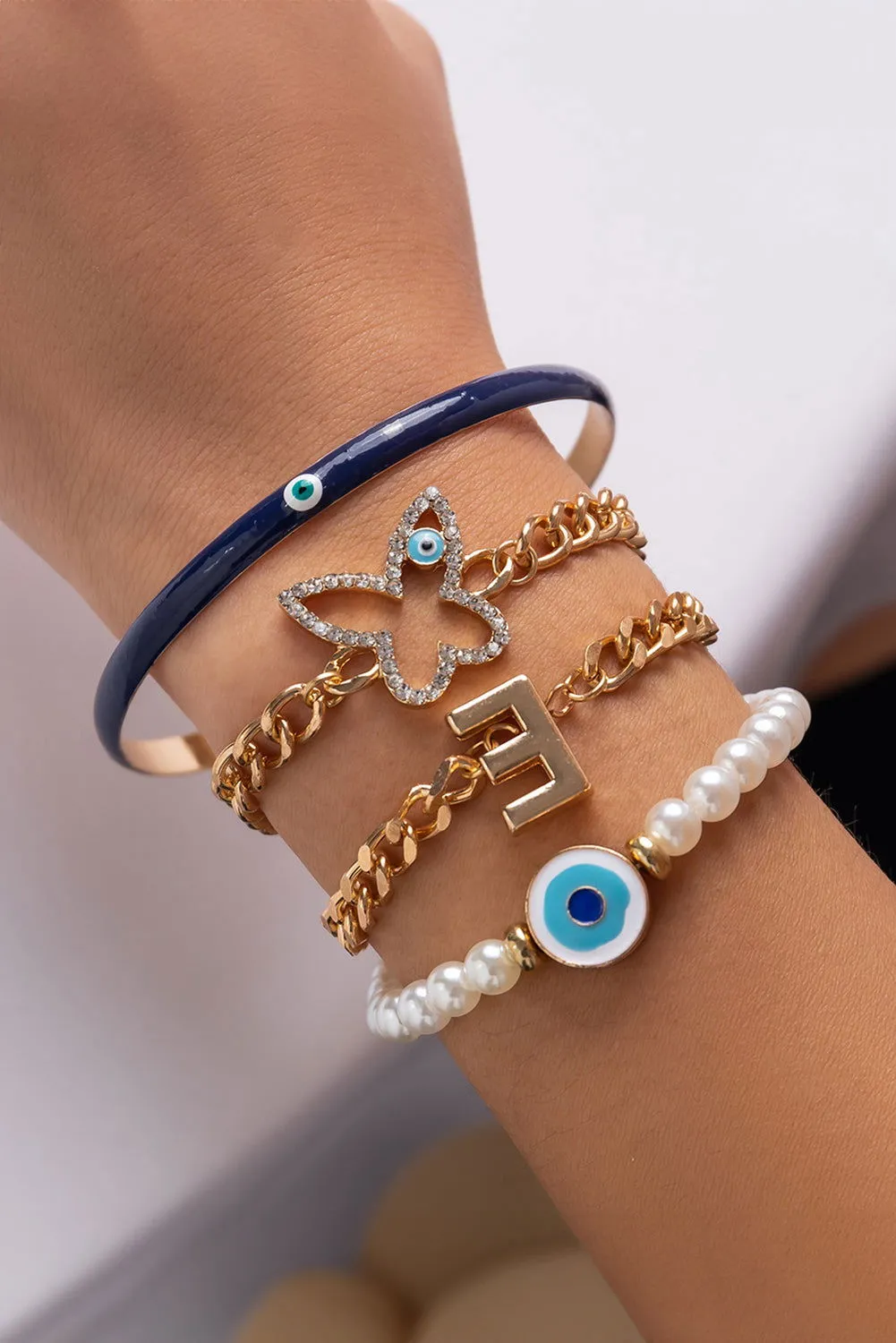 Gold 4pcs Pearl Evil Eye Chain Bracelet Set