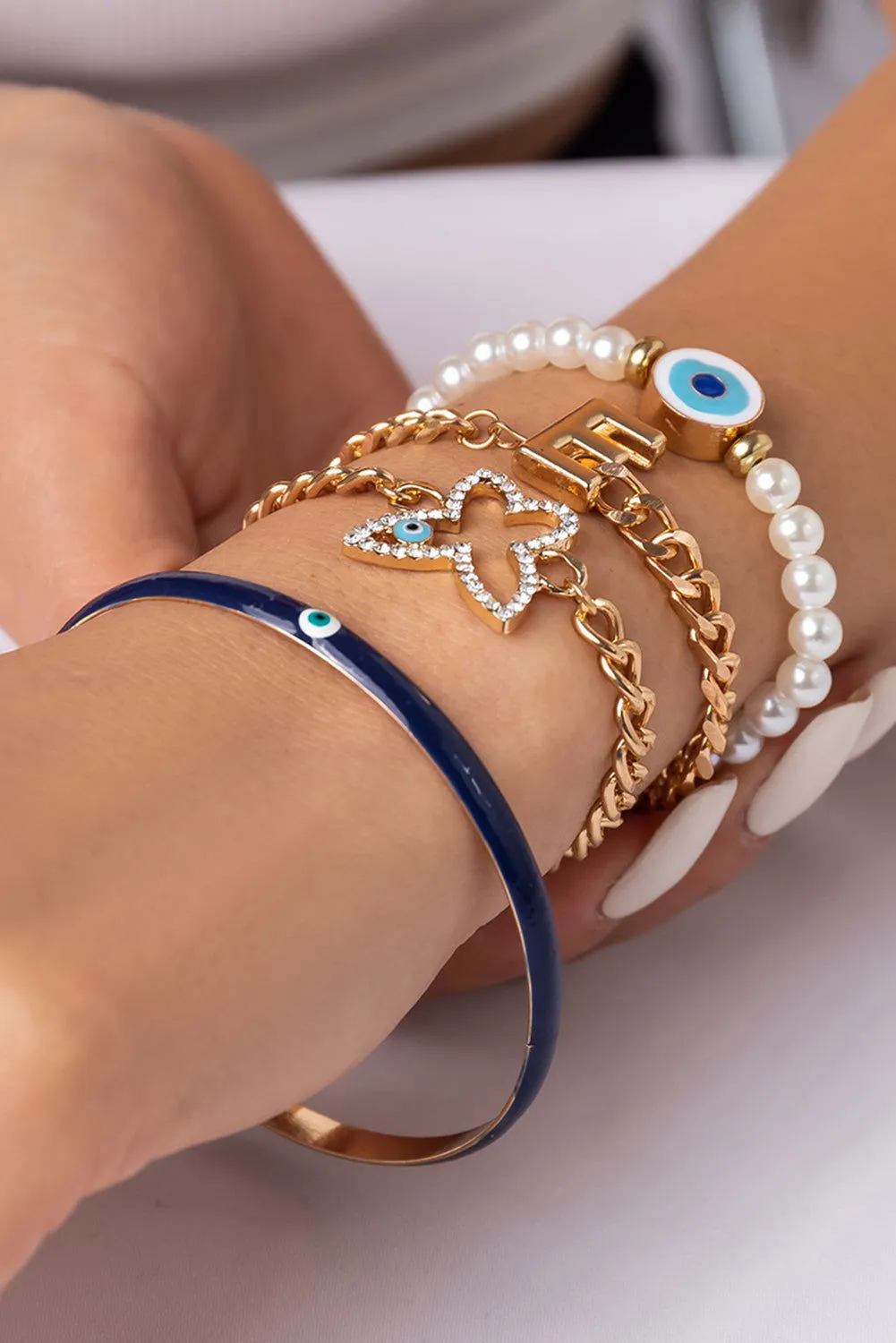 Gold 4pcs Pearl Evil Eye Chain Bracelet Set