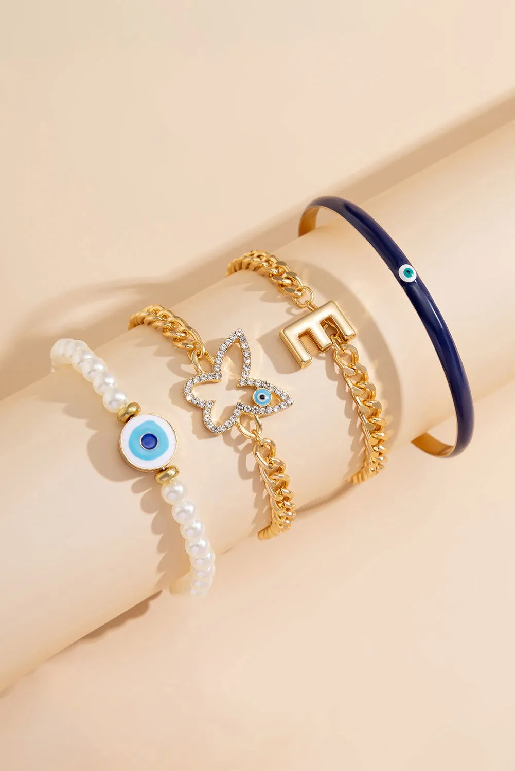 Gold 4pcs Pearl Evil Eye Chain Bracelet Set