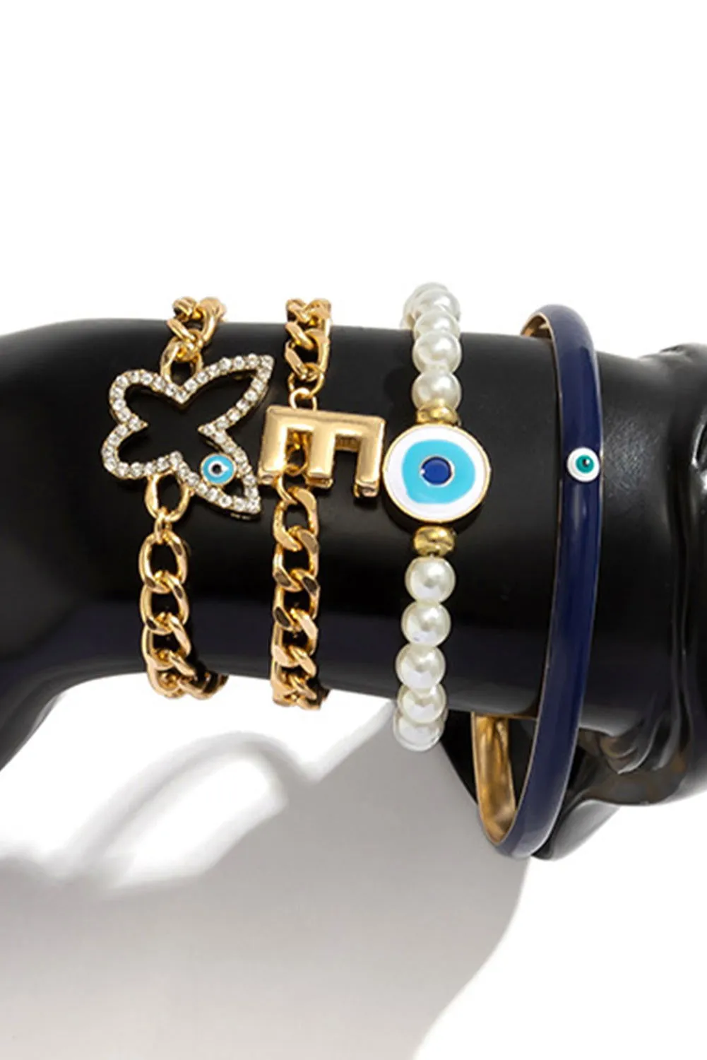 Gold 4pcs Pearl Evil Eye Chain Bracelet Set